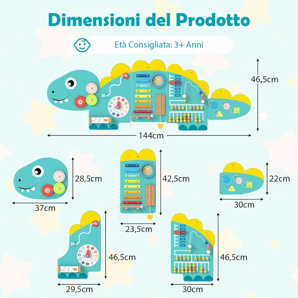 Pannelli da Parete con attività, Busy Board 11 in 1 Montessori in Legno per Sviluppo Sensoriale, Centro di attività Educativo Montato a Parete per Stanza Giochi, Asilo Nido (Dinosauro Verde)