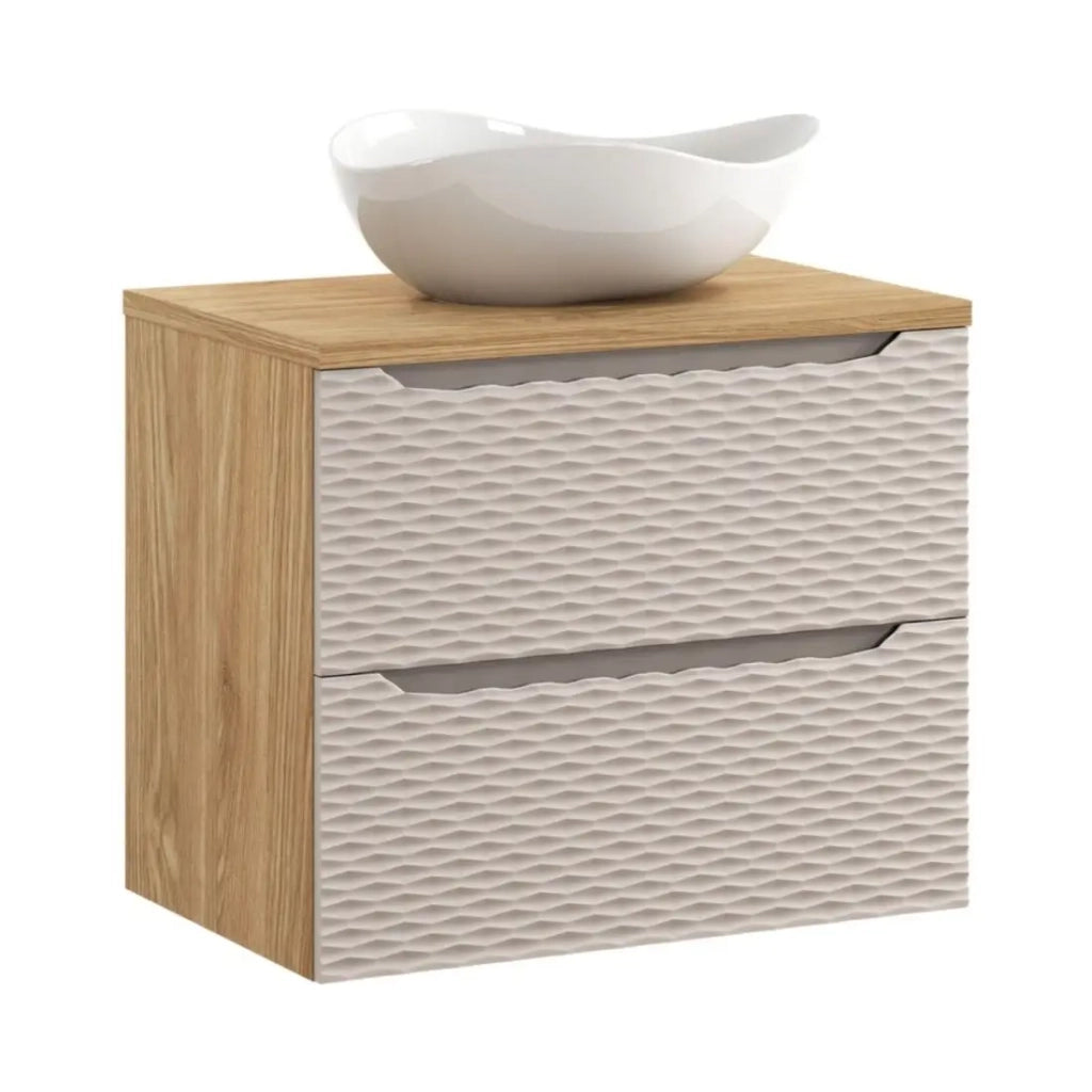 Set da bagno YOKA beige: mobile sotto lavabo con cassetti 70 cm + piano per lavabo + lavabo da appoggio