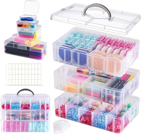 Scatola di classificazione a 3 livelli con maniglia portatile - materiale trasparente in plastica - 45 piccole scatole di archiviazione in 5 dimensioni - coperchio pieghevole per piccoli componenti - 1 grande scatola di archiviazione per artigianato