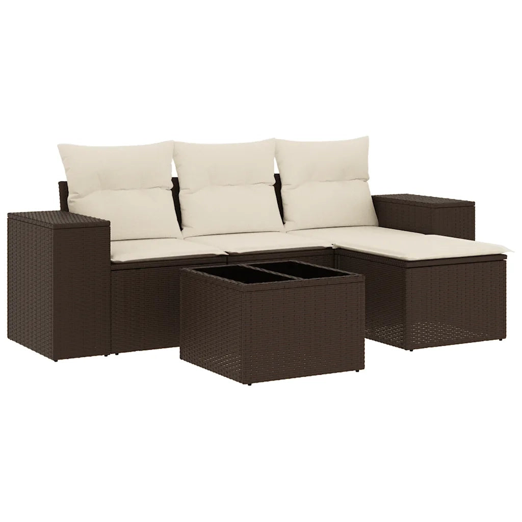 Set Divano da Giardino 5 pz | Set Salotto da Giardino con Cuscini Marrone in Polyrattan