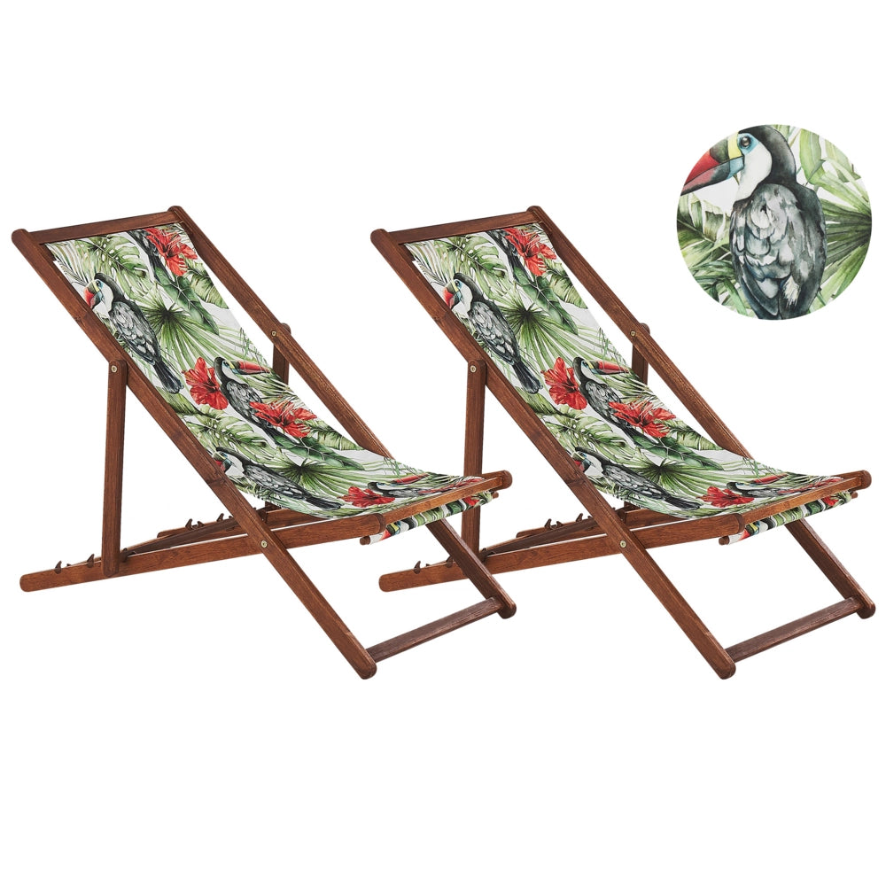 Set di 2 sedie a sdraio da giardino con struttura in legno di acacia scuro con motivo a forma di tucano sedile ad amaca reclinabile