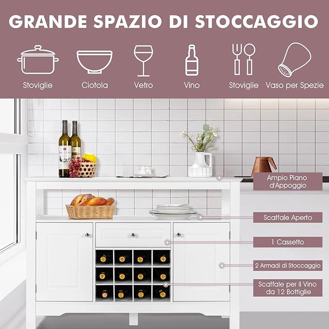 Credenza Moderna con Tanto Spazio, Credenza Cucina con Porta Bottiglie di Vino a Forma Incrociata, Mensola Aperta, 2 Armadietti e Cassetto, 117 x 40,5 x 82,5 cm (Bianco)
