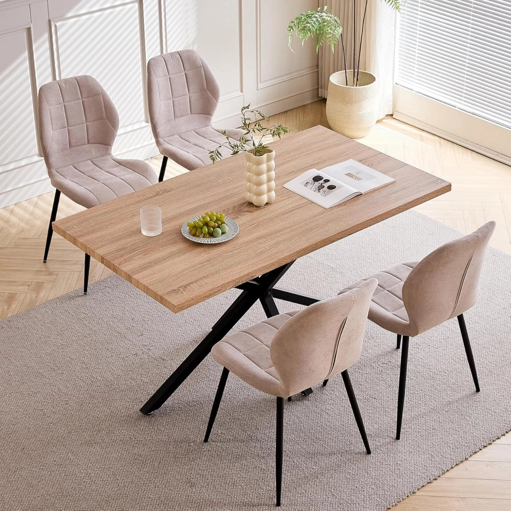 GrandCA HOME Set Tavolo e Sedie da Pranzo da 5 Pezzi, Tavolo Quadrato da 140 cm, 4 Sedia Imbottita in Lino, Adatto per Cucine, Sale da Pranzo e Soggiorni (Legno Chiaro + Nero)