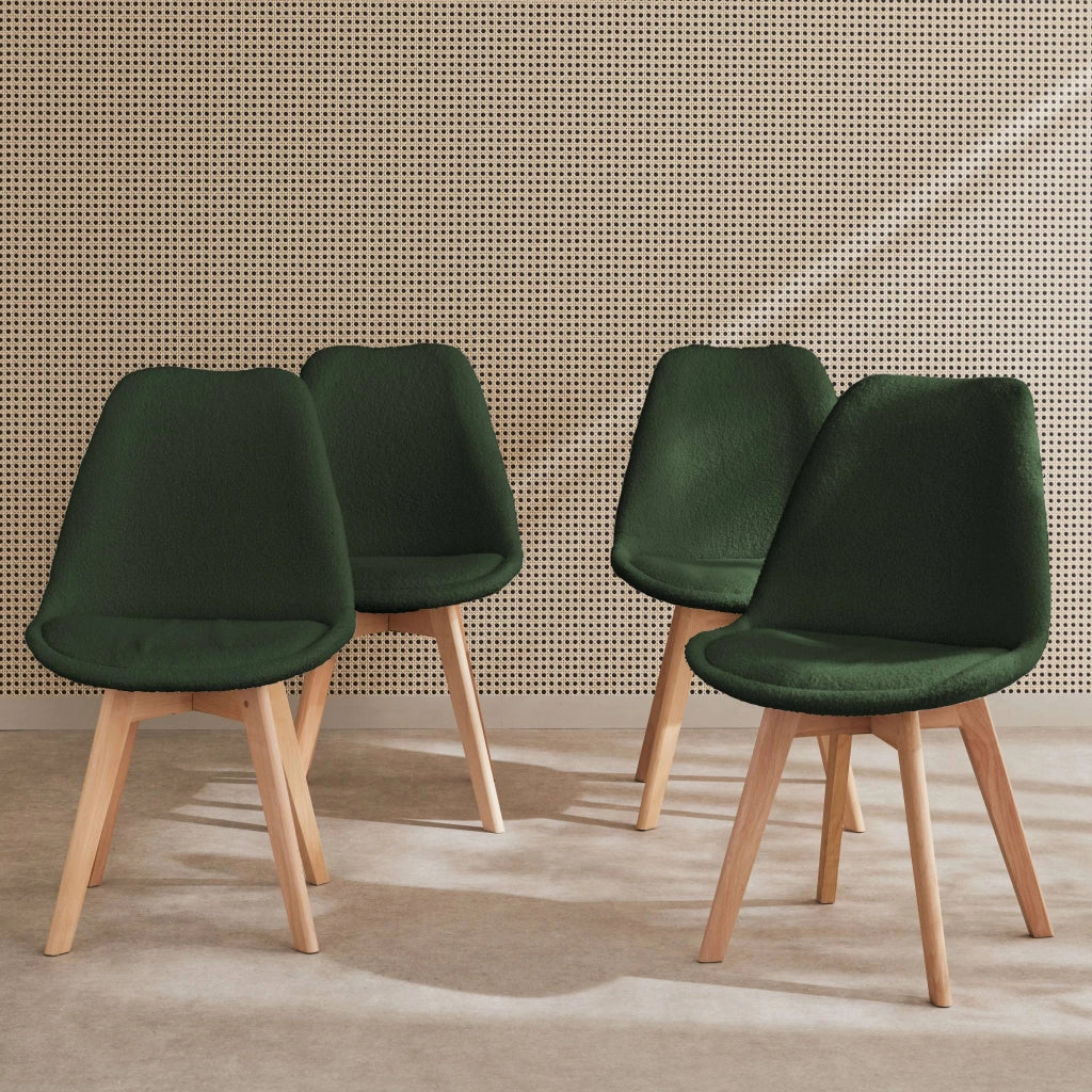 Set 4 sedie scandinave bouclé e gambe in legno, kaki