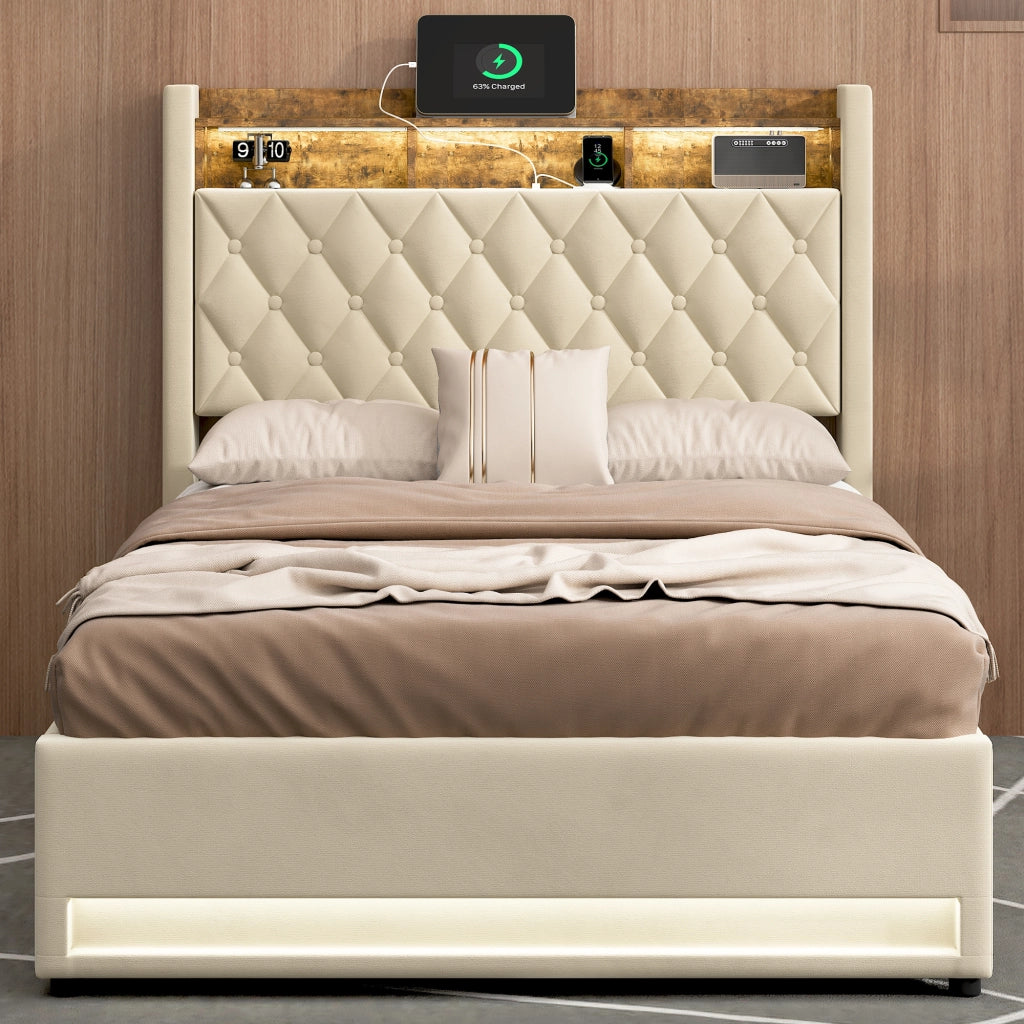 Letto matrimoniale imbottito 140x190 cm in velluto beige con contenitore e LED integrato