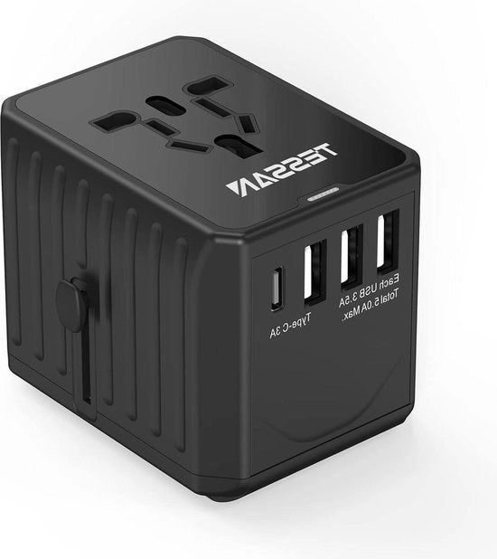 Adattatore universale per viaggio con 3 USB, compatibile con stopper internazionali, per uso in Germania, Stati Uniti e Egitto, modello non specificato.