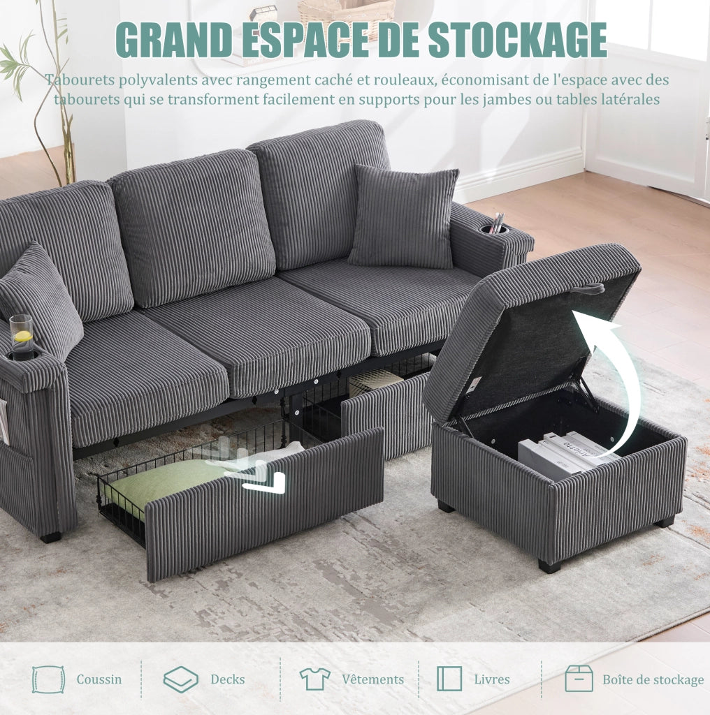 Divano modulare con contenitore 194x73x81 cm in tessuto effetto velluto a coste; grigio scuro