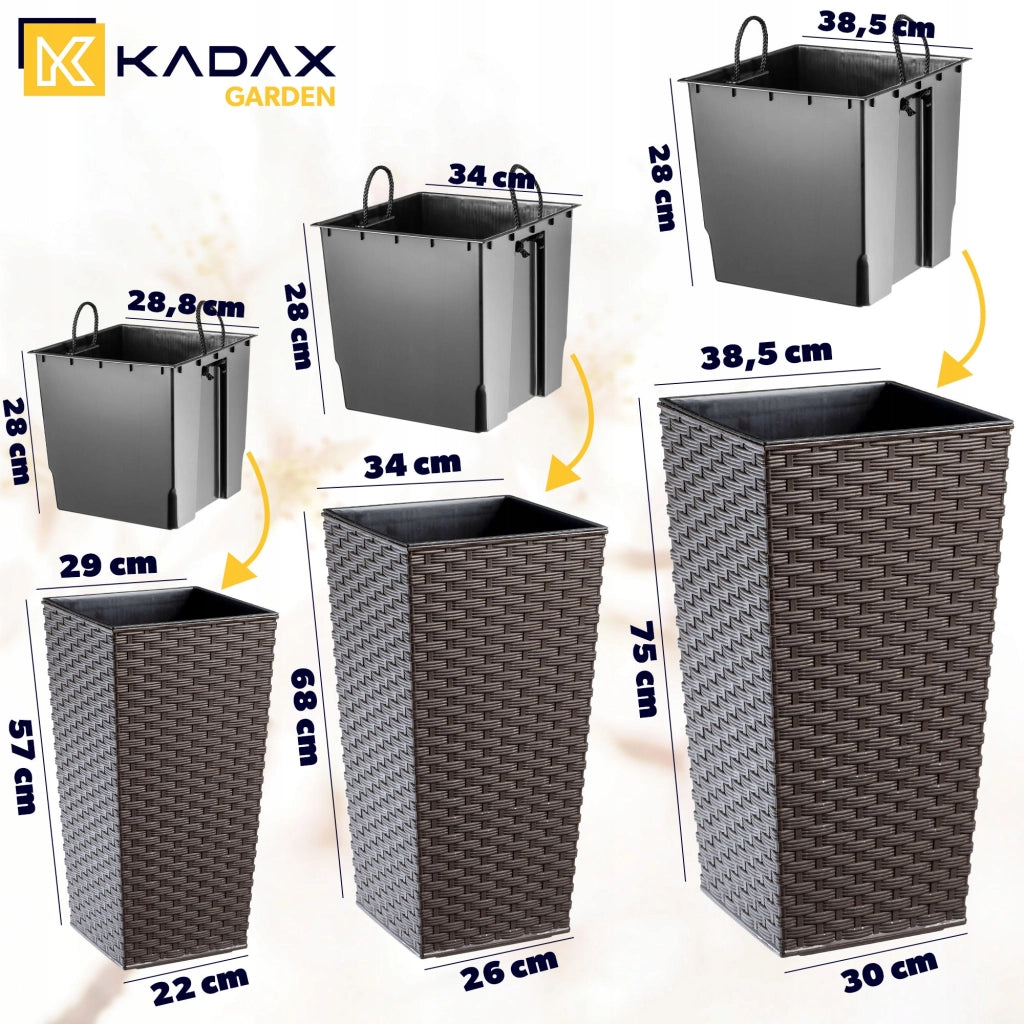 Set di 3 vasi da fiori KADAX, vasi da giardino + inserti, alti e grandi, color moka, 57+68+75 cm