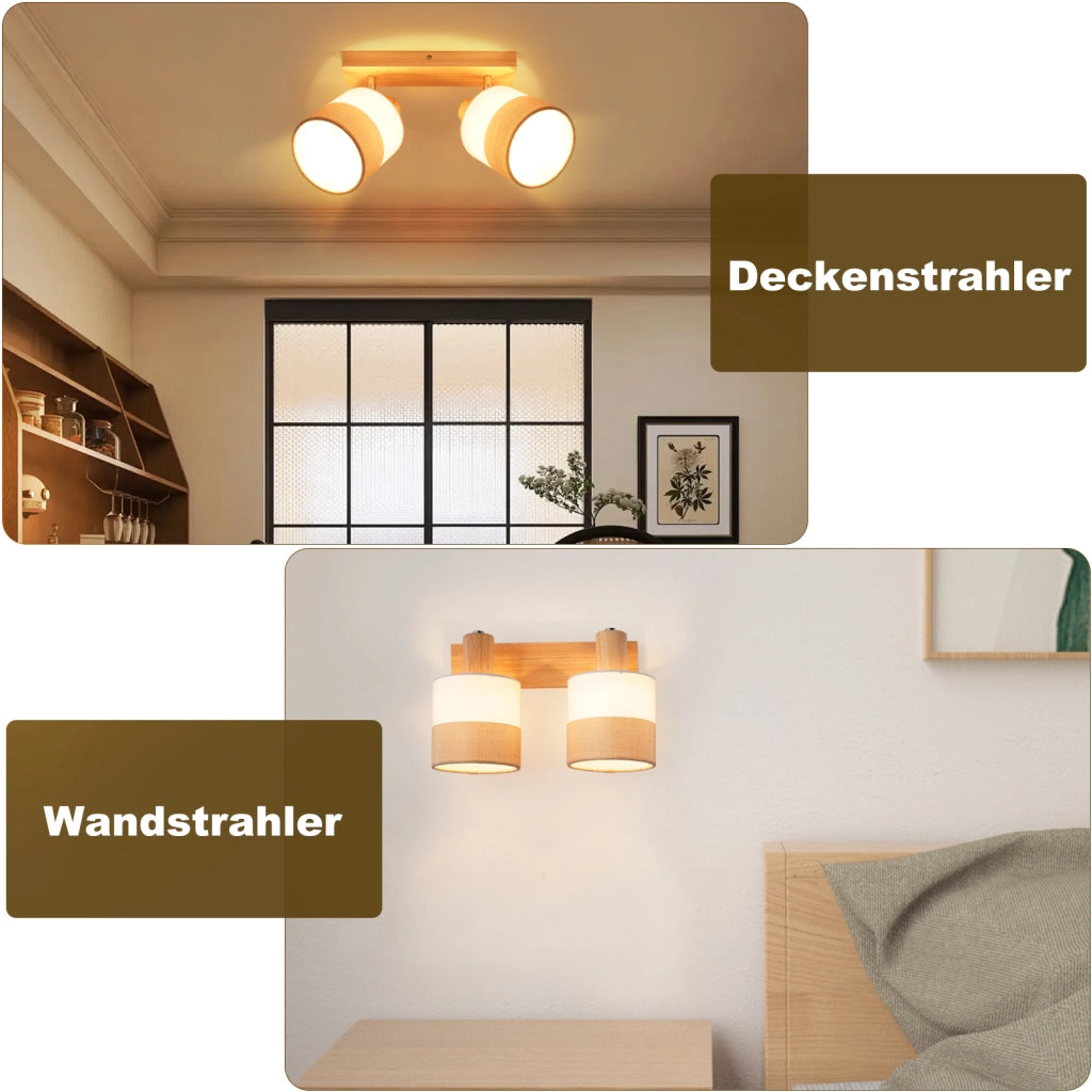 ZMH Faretto da soffitto vintage 2 luci E14 legno tessuto orientabili 350° max 25W senza lampadina