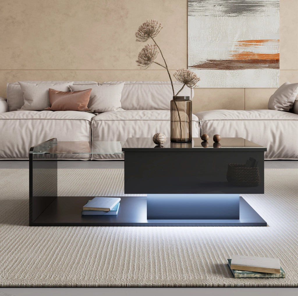 Tavolino da caffè sollevabile 100 x 50 x 33/47,5 cm nero lucido, LED, vetro e pannelli