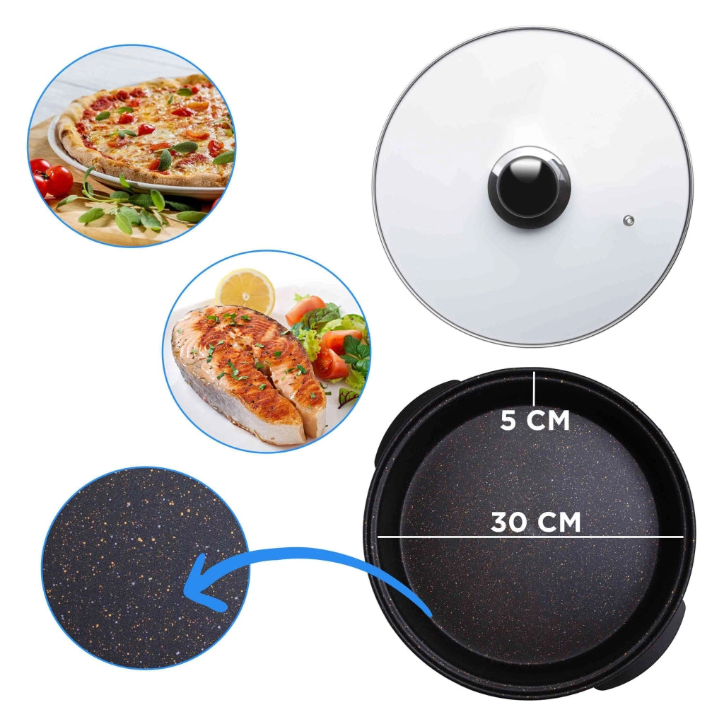 Padella elettrica multicooking antiaderente, diametro 32cm con coperchio vetro, termostato 240°C 1500W cucina - SOGO