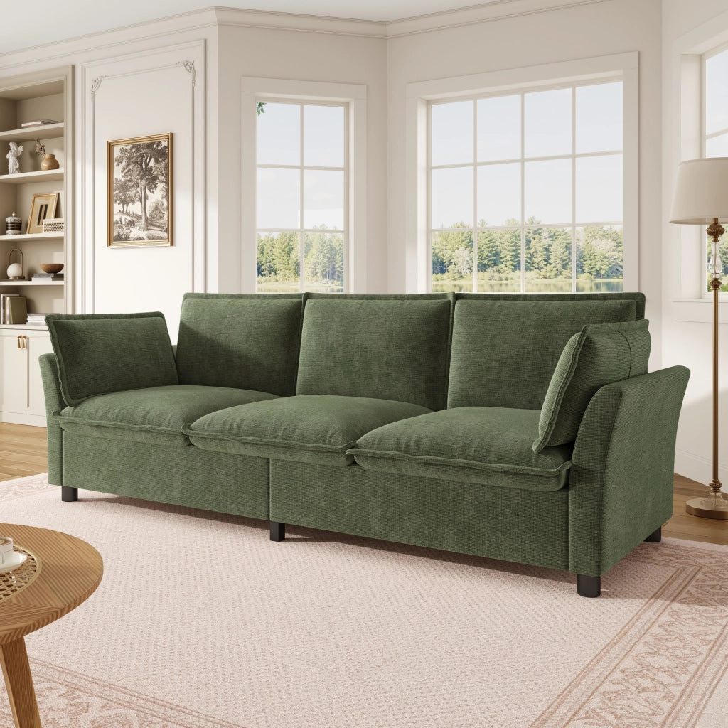 Divano 3 posti in chenille con cuscini per braccioli e struttura in metallo verde per soggiorno 220 × 81 × 87 cm