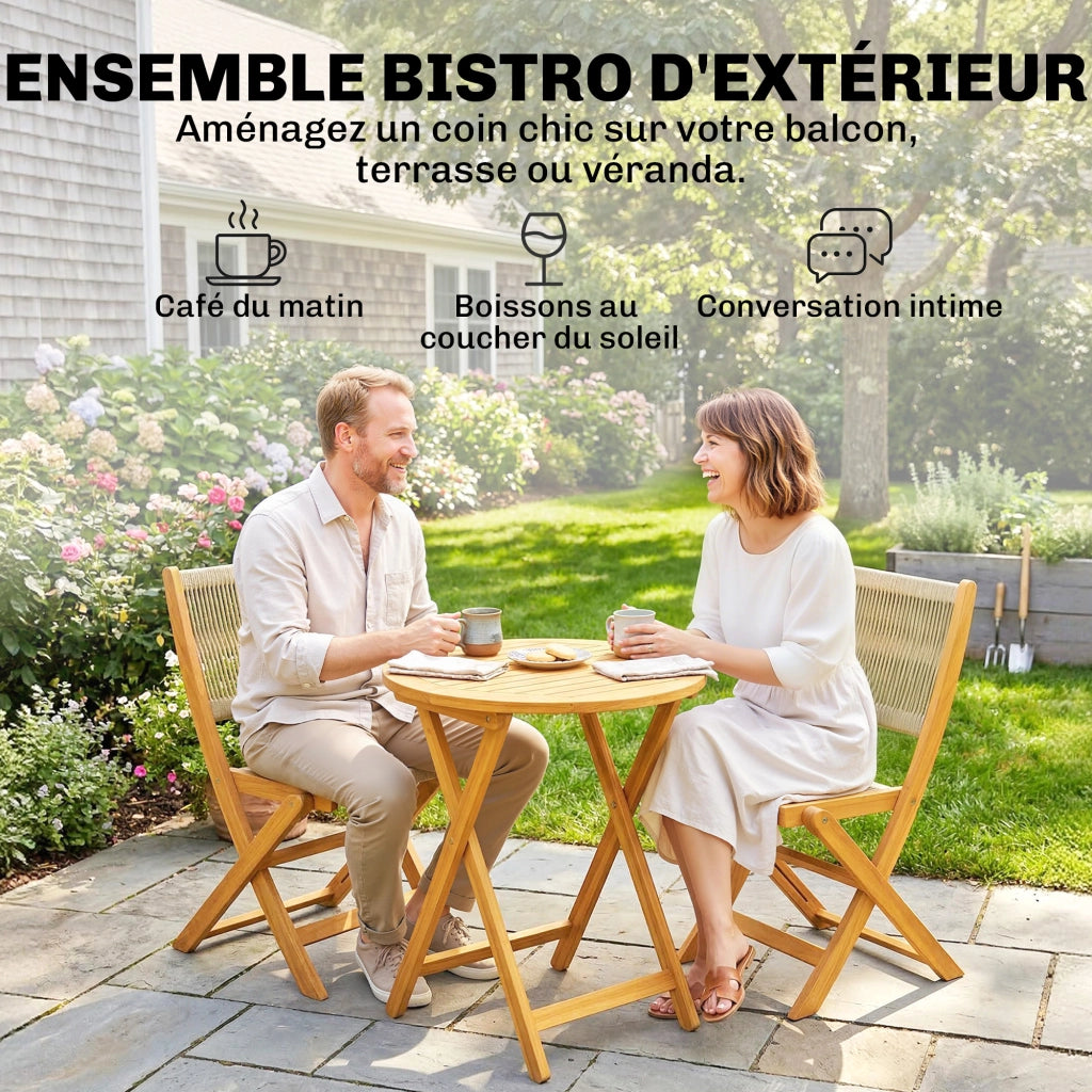 Set Bistro da Giardino 3 Pezzi Tavolo Rotondo 2 Sedie Pieghevoli Legno Acacia Cordage Naturale ¨C Xylo
