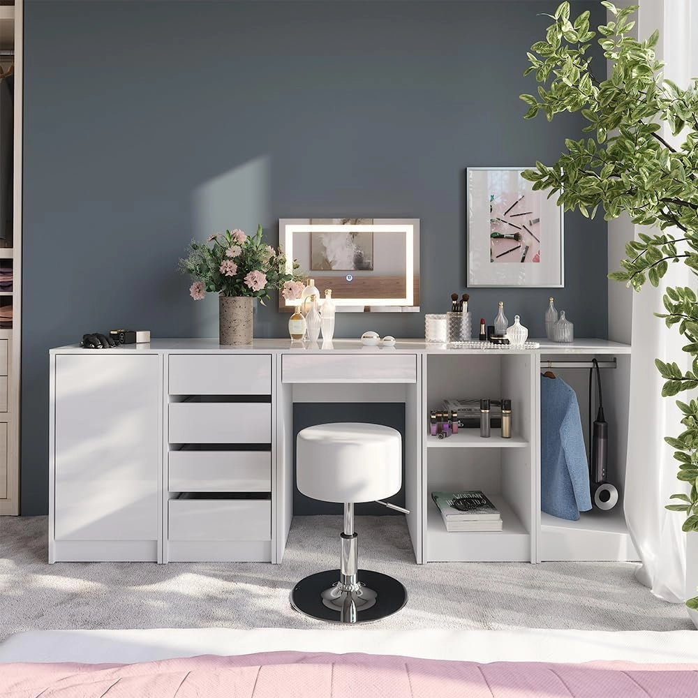 Tavolo da toeletta Sherry, Bianco/bianco lucido, 51.4 cm con specchio LED e sgabello