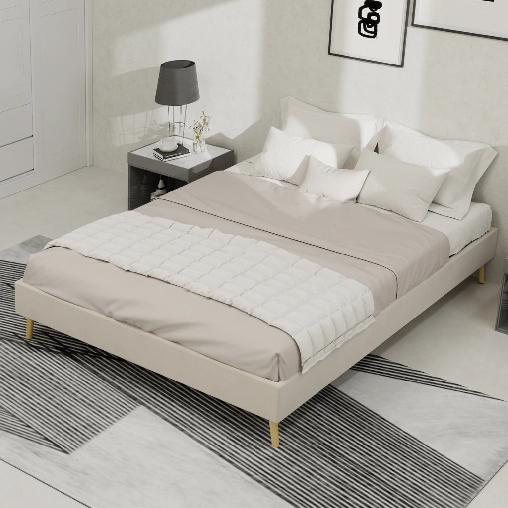 Letto singolo 140 × 200 cm con base ribassata, struttura stabile, senza materasso, in tessuto e metallo, beige
