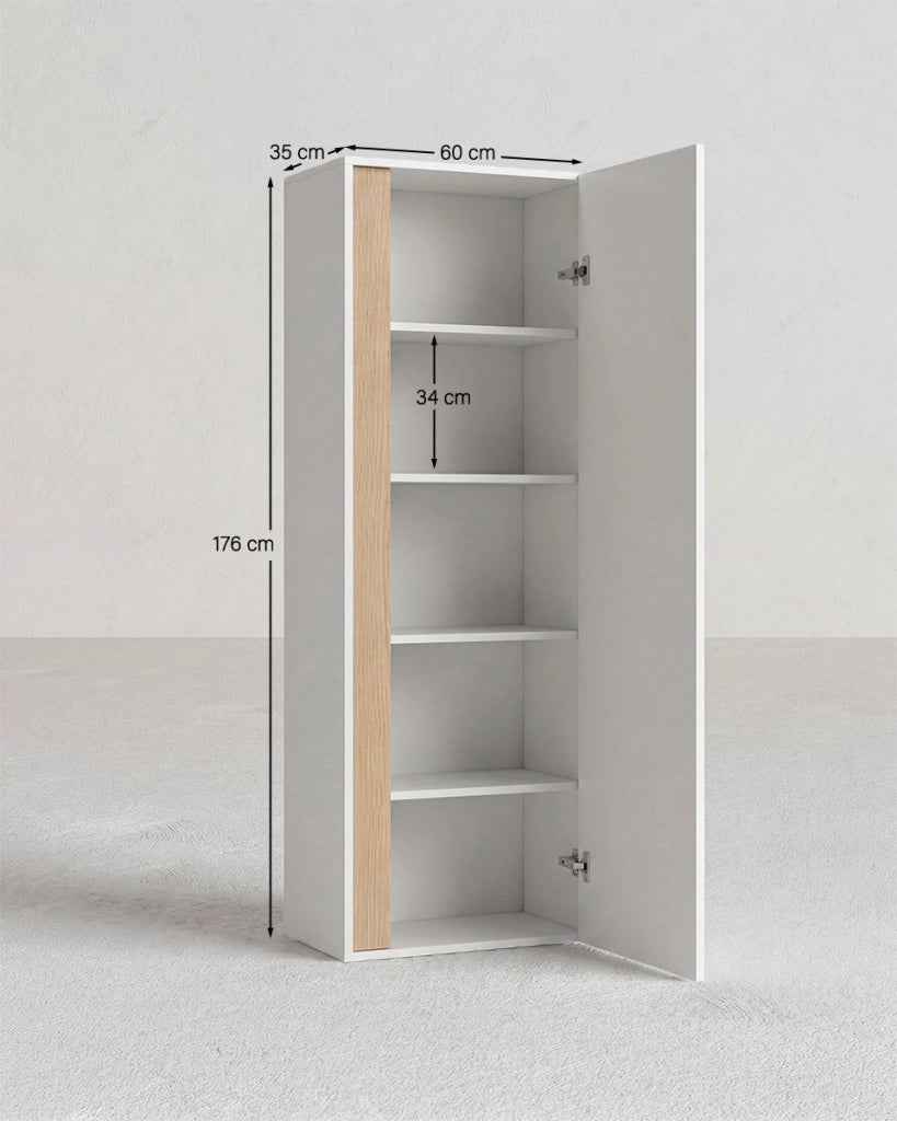 Armadio multiuso Joy - Dispensa salvaspazio con 4 ripiani regolabili - Struttura bianca con finitura virginia - 60 L. x 176 H. x 35 P._