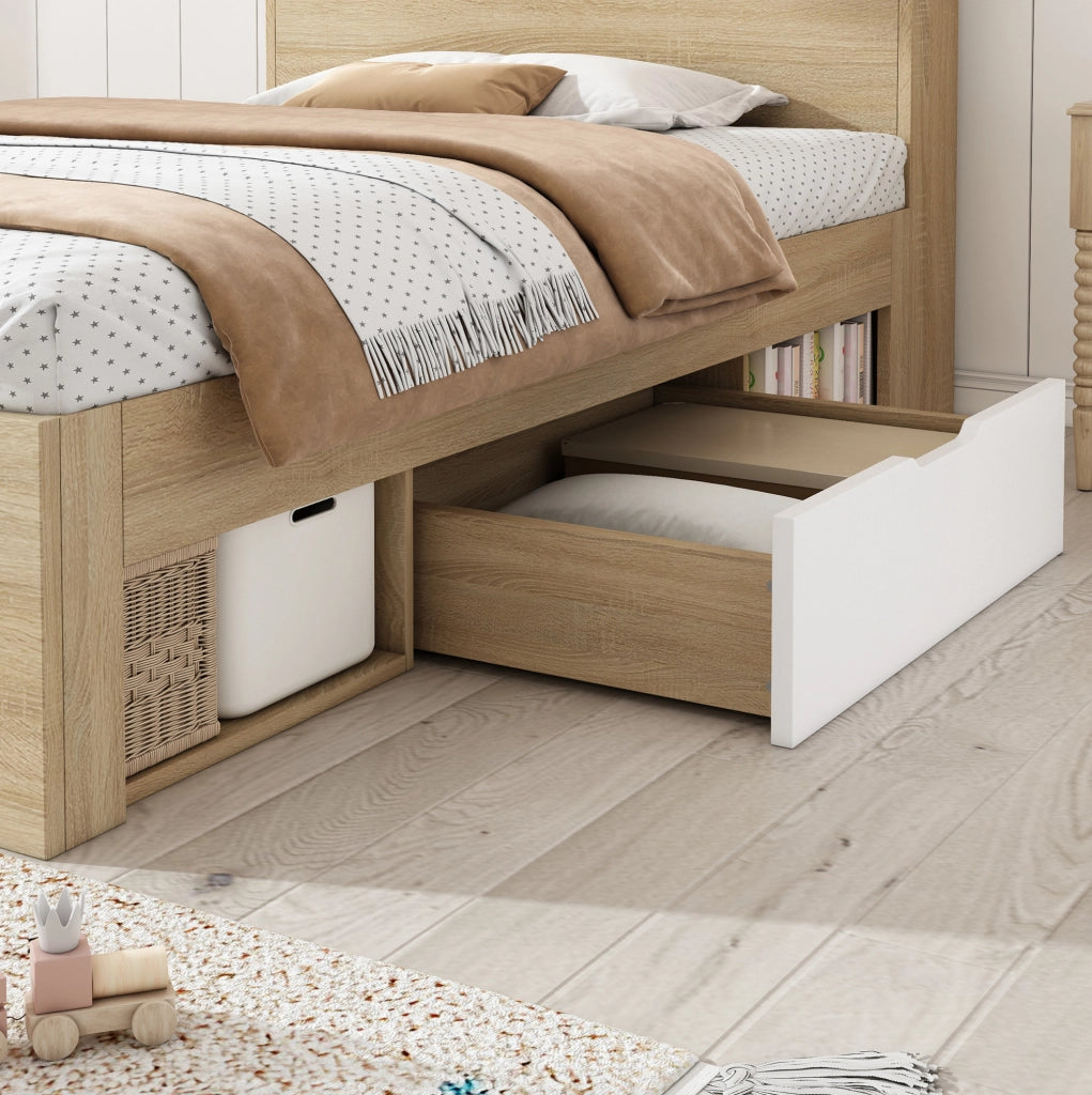 Letto singolo con contenitore 90x190 cm bianco e rovere; testiera con ripiani e 2 cassetti