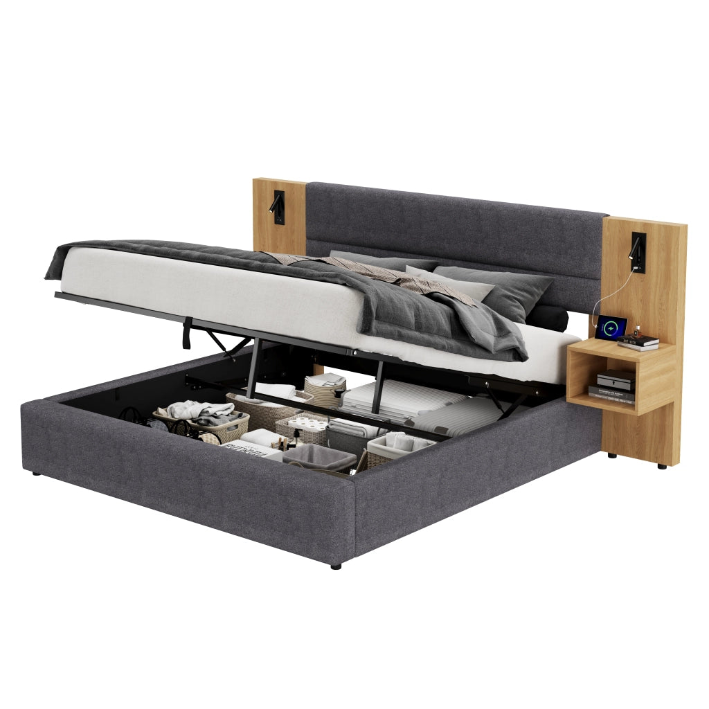 OKWISH Letto Contenitore 160×200 cm, Letto Matrimoniale con USB, Tipo C, Illuminazione e 2 Comodini, senza Materasso, in Velluto, Grigio e Naturale