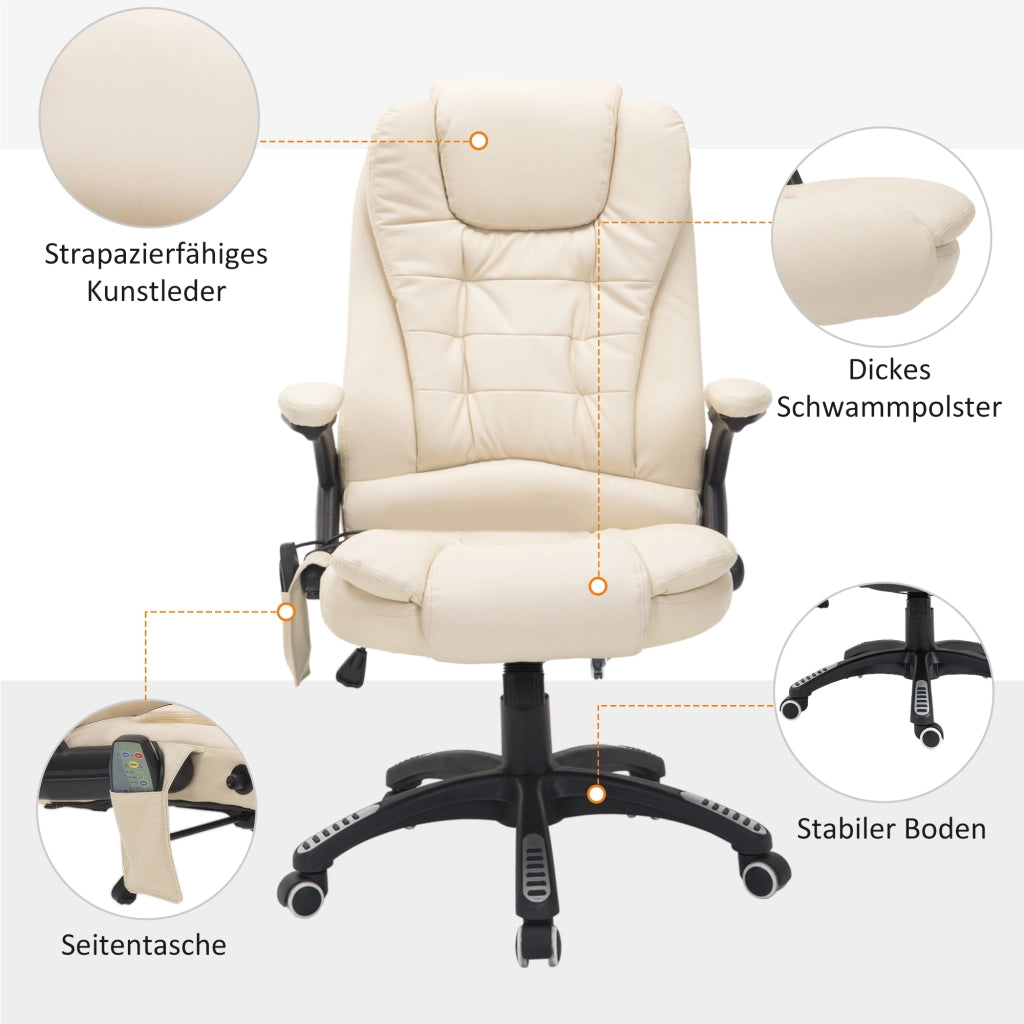 Sedia da ufficio ergonomica con massaggio a 6 punti riscaldamento e funzione girevole in pelle rigenerata beige