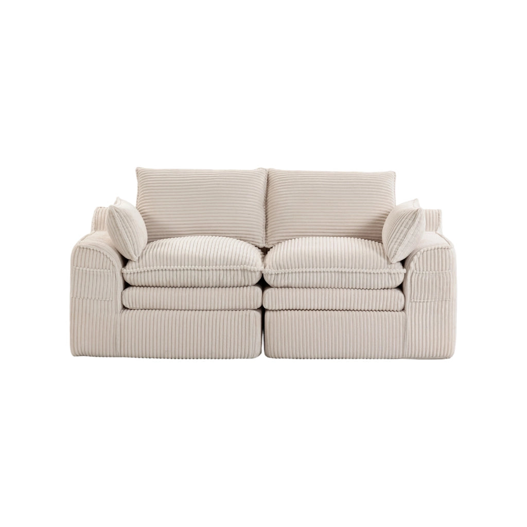 Divano a 2 posti in tessuto corduroy beige con tasche laterali, cuscini e struttura in schiuma a 3 strati con molle