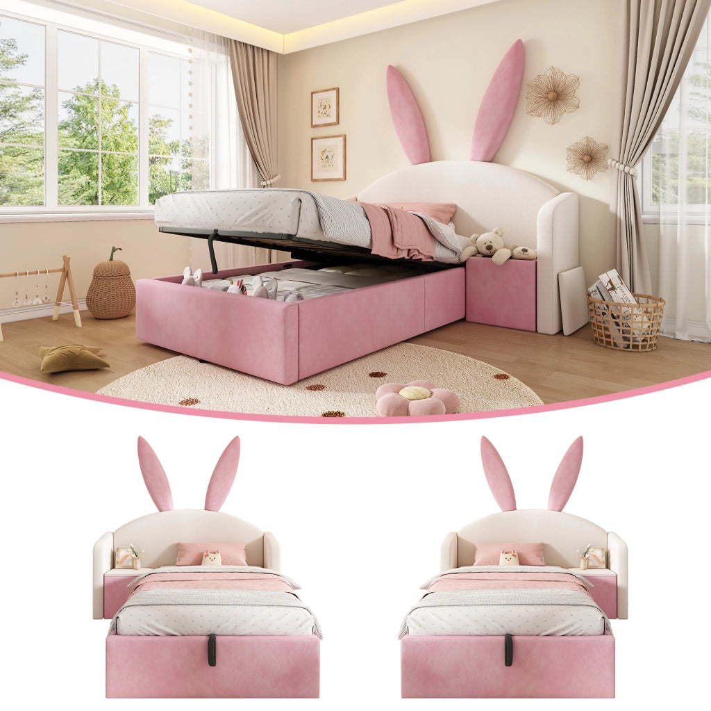 Letto per bambini 90x190 cm in velluto con comodino, beige e rosa