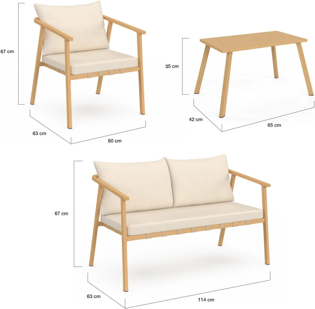 Set di mobili da Giardino Bassi Malta, 4 posti, Struttura in Metallo Effetto Legno, Strisce e Cuscini Beige