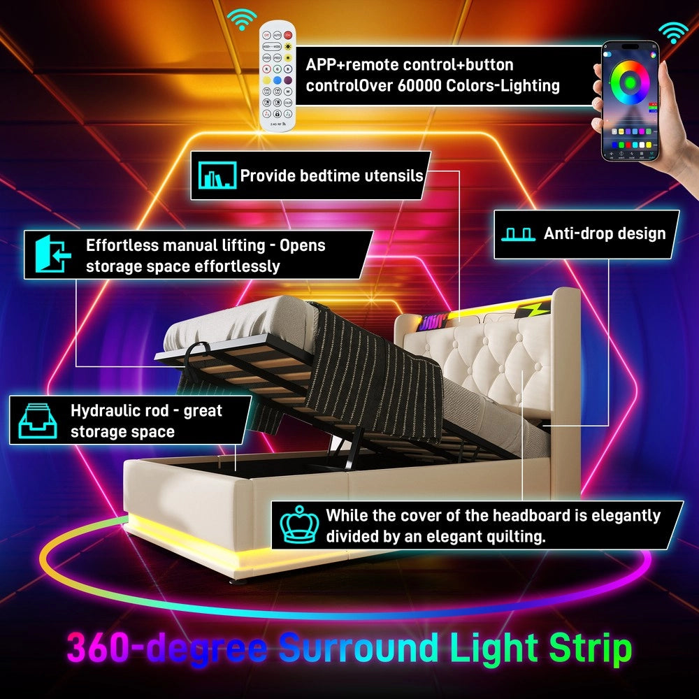 Letto Singolo Imbottito con LED e Contenitore Idraulico ¨C MINIMAL ¨C Bianco, 90x200 cm