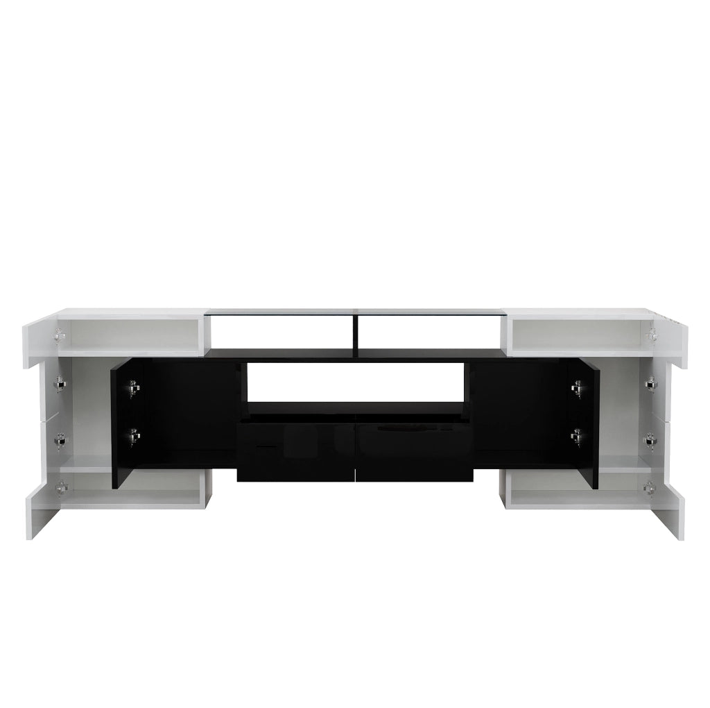 Mobile TV 200 cm bianco e nero lucido con LED, 6 ante e 2 cassetti