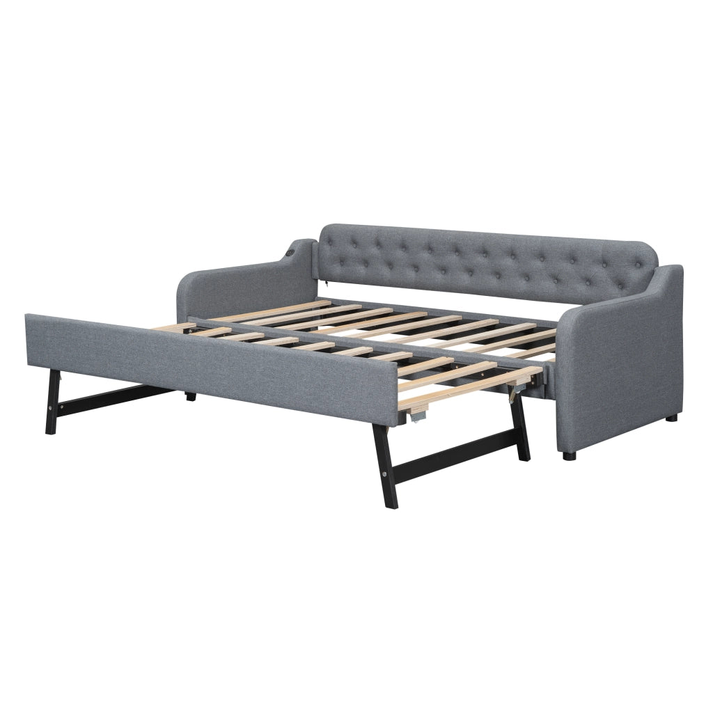 Divano letto estraibile 90x200 cm con presa USB, struttura in lino e MDF, grigio