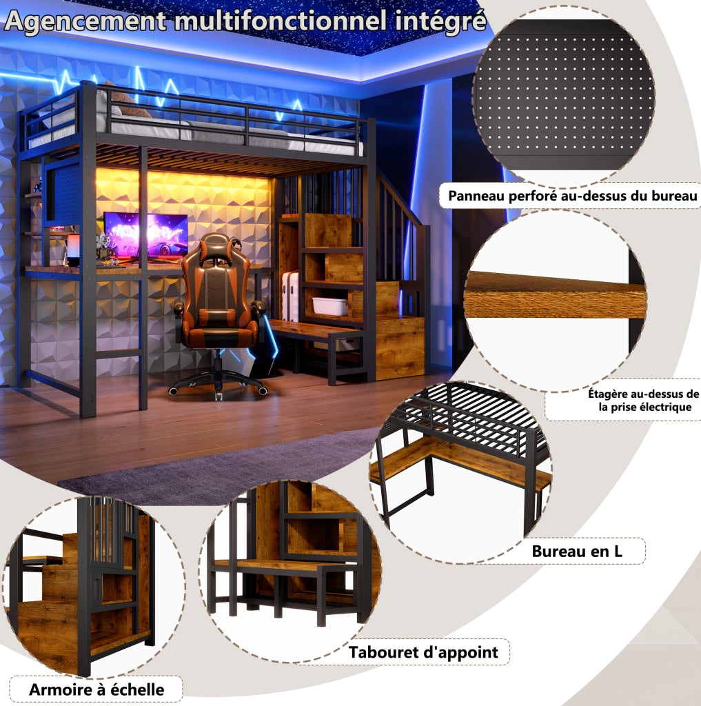 Letto a soppalco 90x200 cm con scrivania; scala contenitore; USB; USB-C e LED; nero