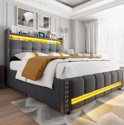 Letto matrimoniale 140x200 cm con LED; porta USB e contenitore; tessuto di lino grigio