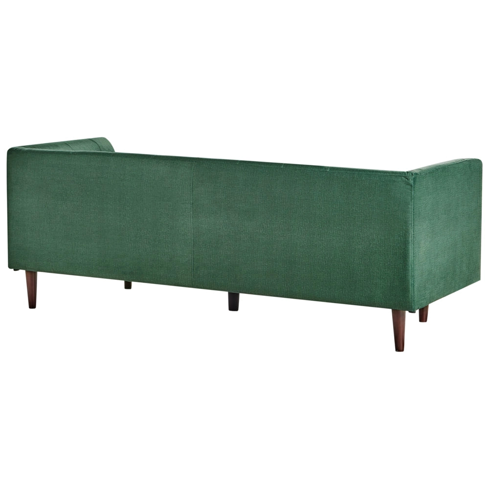 Divano a 3 posti con rivestimento in tessuto verde gambe in legno e schienale con bottoni