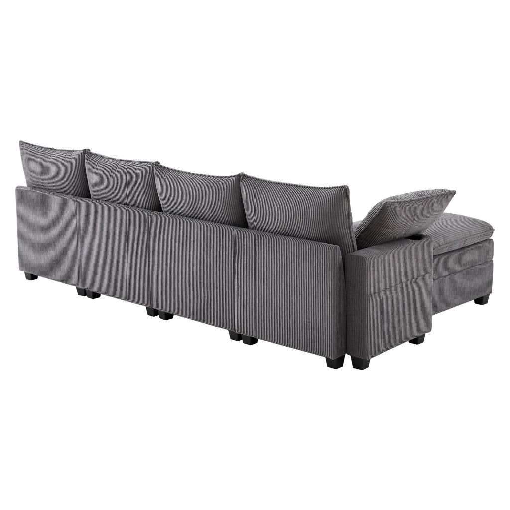 Divano modulare 280x151x82 cm con porte USB; vani contenitore e portabicchieri in corduroy grigio