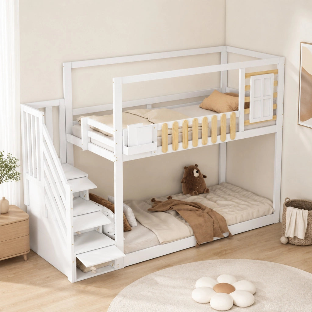 Letto a castello con scala, finestra e vani contenitore, 90x200 cm, bianco e naturale