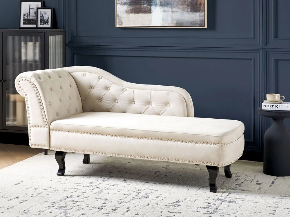 Chaise longue in velluto beige chiaro versione sinistra Con Bottoni stile retrò