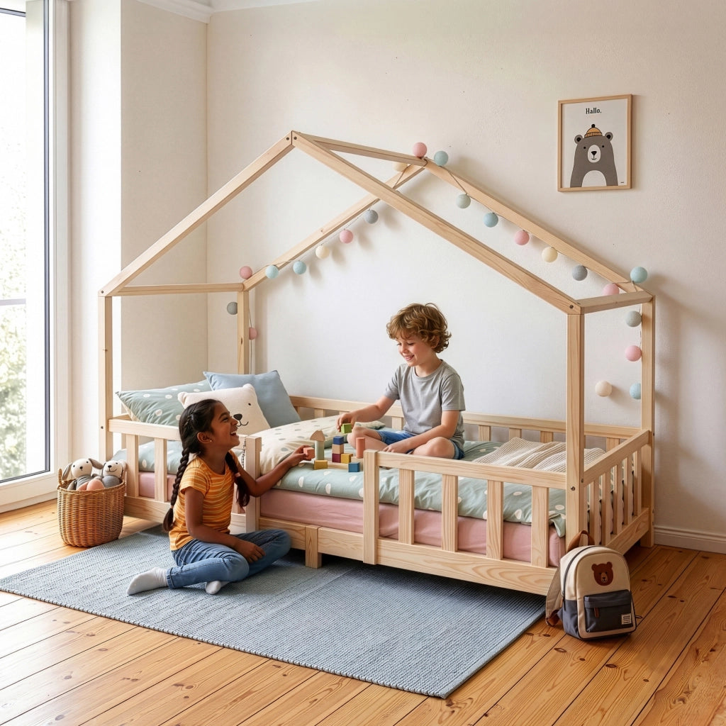 Letto per Cameretta Treviolo a Forma di Casetta in Stile Montessori 90x200 cm Naturale [en.casa]