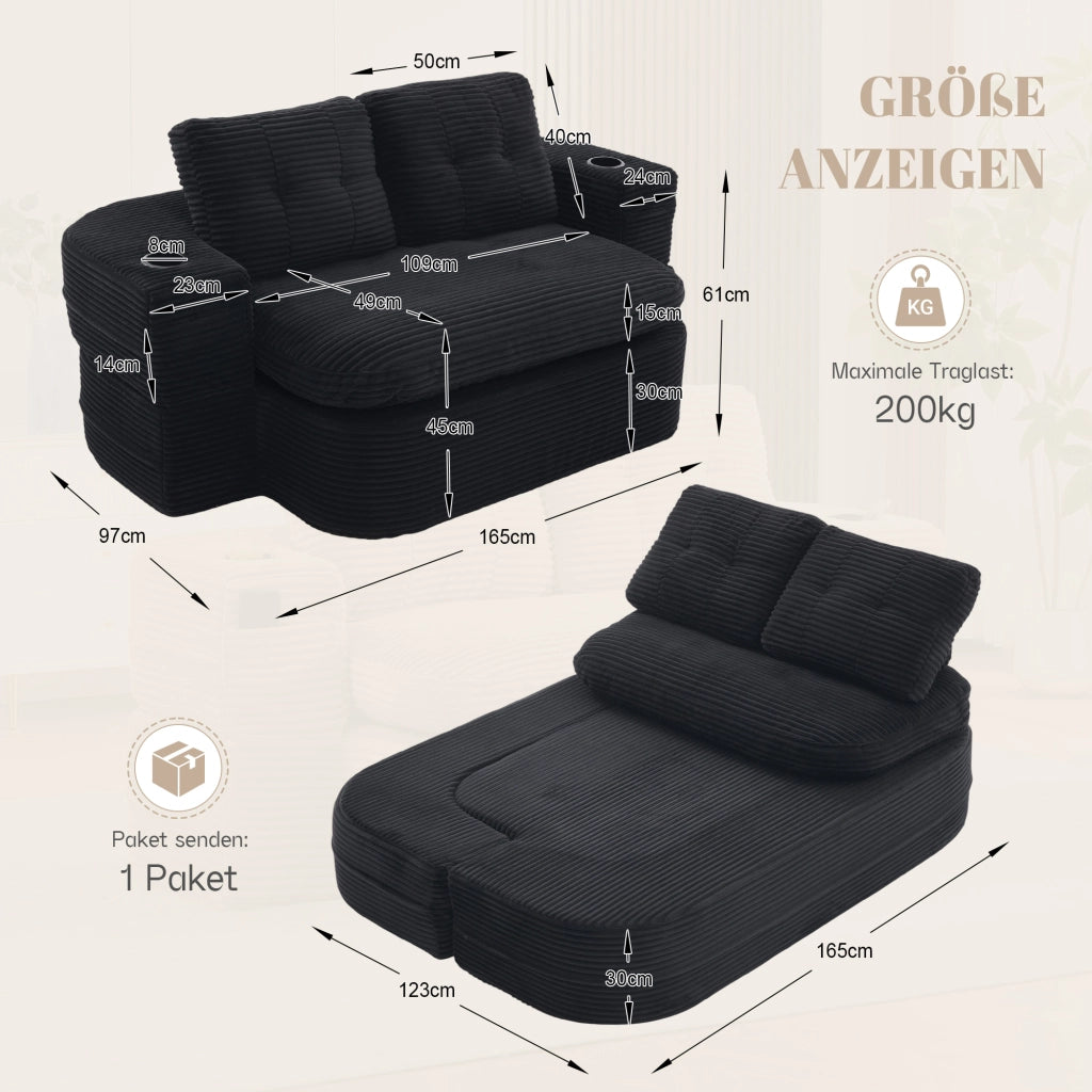 Poltrona convertibile 2 in 1 in velluto a coste con schienale alto, seduta extra profonda e doppi portabicchieri nera