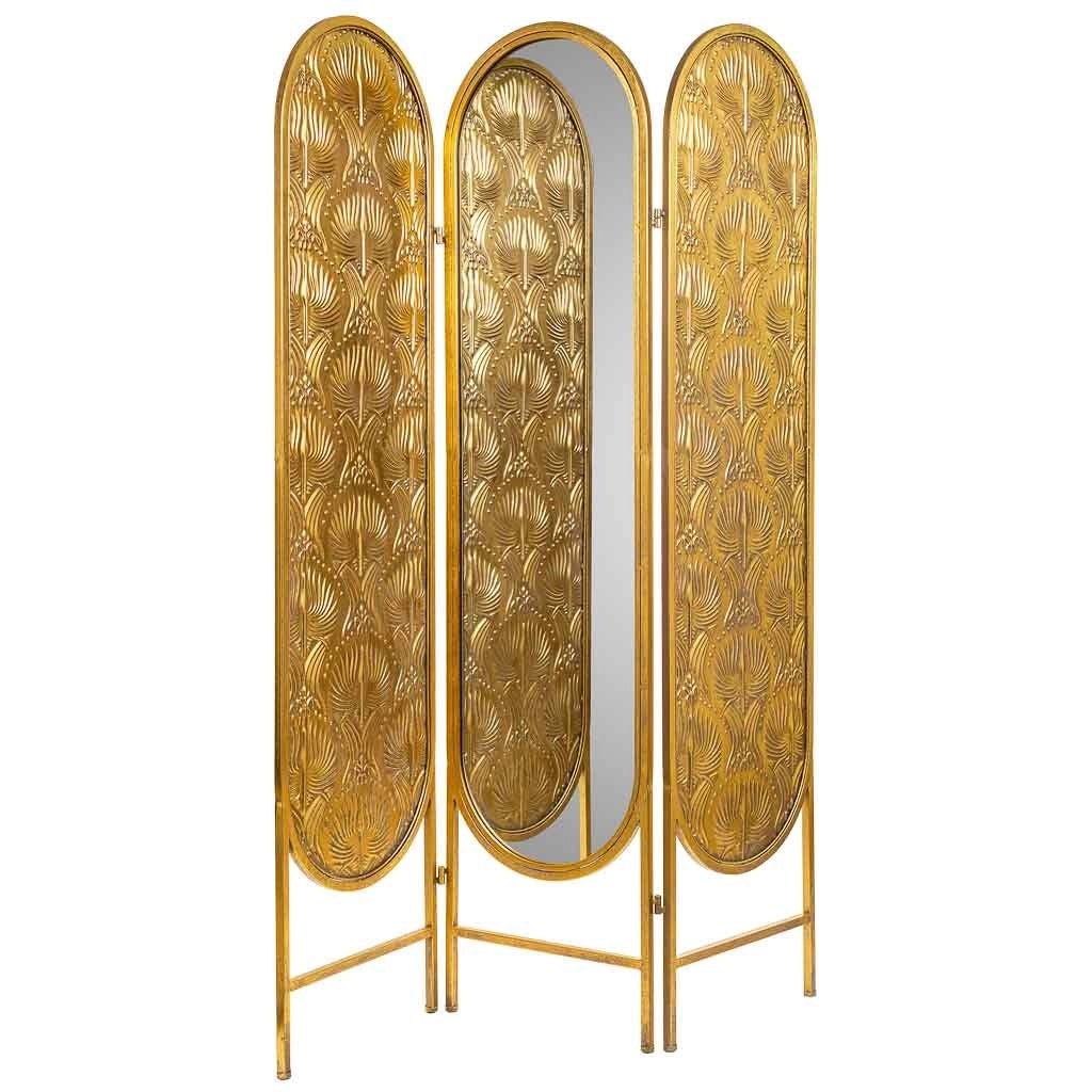 Paravento a 3 foglie in metallo con specchio centrale dorato 121x3x165,5h