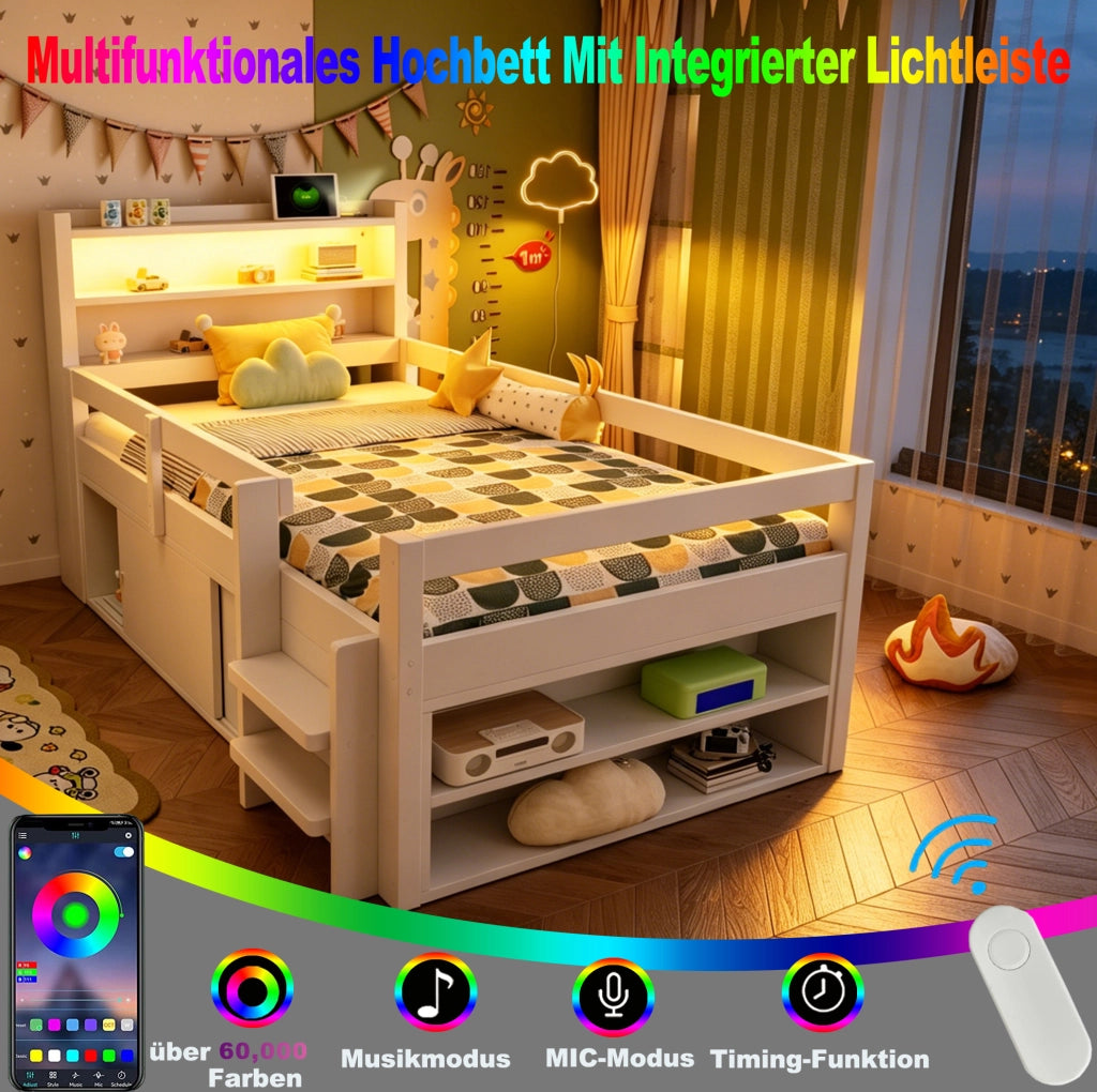 Letto multifunzione per bambini 90x200 cm in legno bianco con LED; USB e vani contenitore