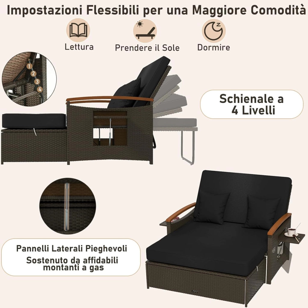 Lettino Regolabile da Giardino con Cuscino e Panca Contenitore, Divano Salvaspazio da Esterno con Schienale Regolabile a 4 Livelli e Vassoi Laterali Estraibili, per Piscina e Cortile (Nero)