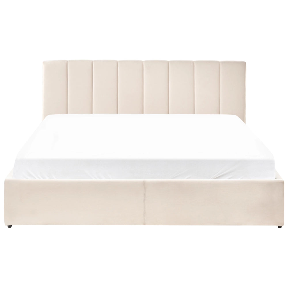 Letto contenitore Rivestimento in velluto beige 180 x 200 cm con testiera a doghe