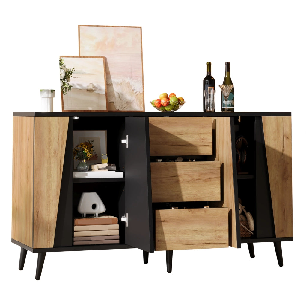 Sideboard 120x40x70 cm con 2 ante; 3 cassetti e ripiani regolabili; MDF e truciolare; naturale e nero