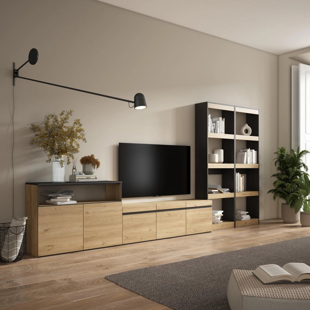 Mobile TV, Soggiorno, 370x35x186cm, Per TV fino a 65", Set di mobili, colore Rovere e nero RF3182
