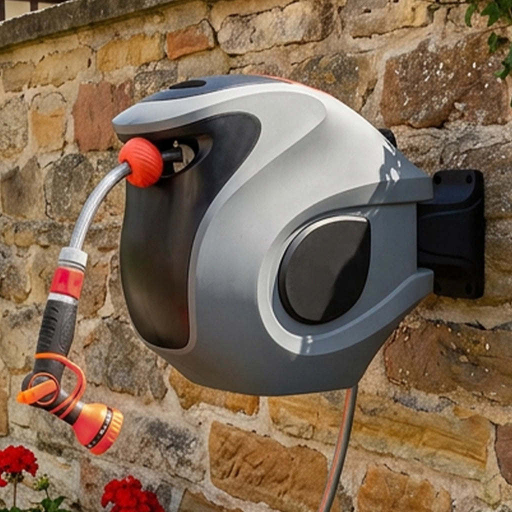 Avvolgitubo automatico da parete 30 m con ugello a 9 getti e supporto orientabile 180°