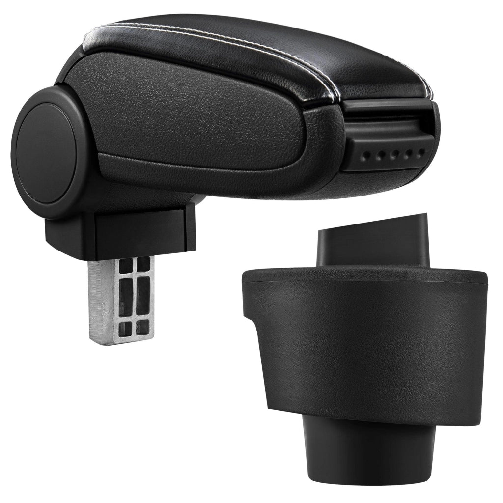 Bracciolo centrale per Seat Ibiza tipo 6J con scomparto imbottito in similpelle nera con cuciture bianche 03_0000652