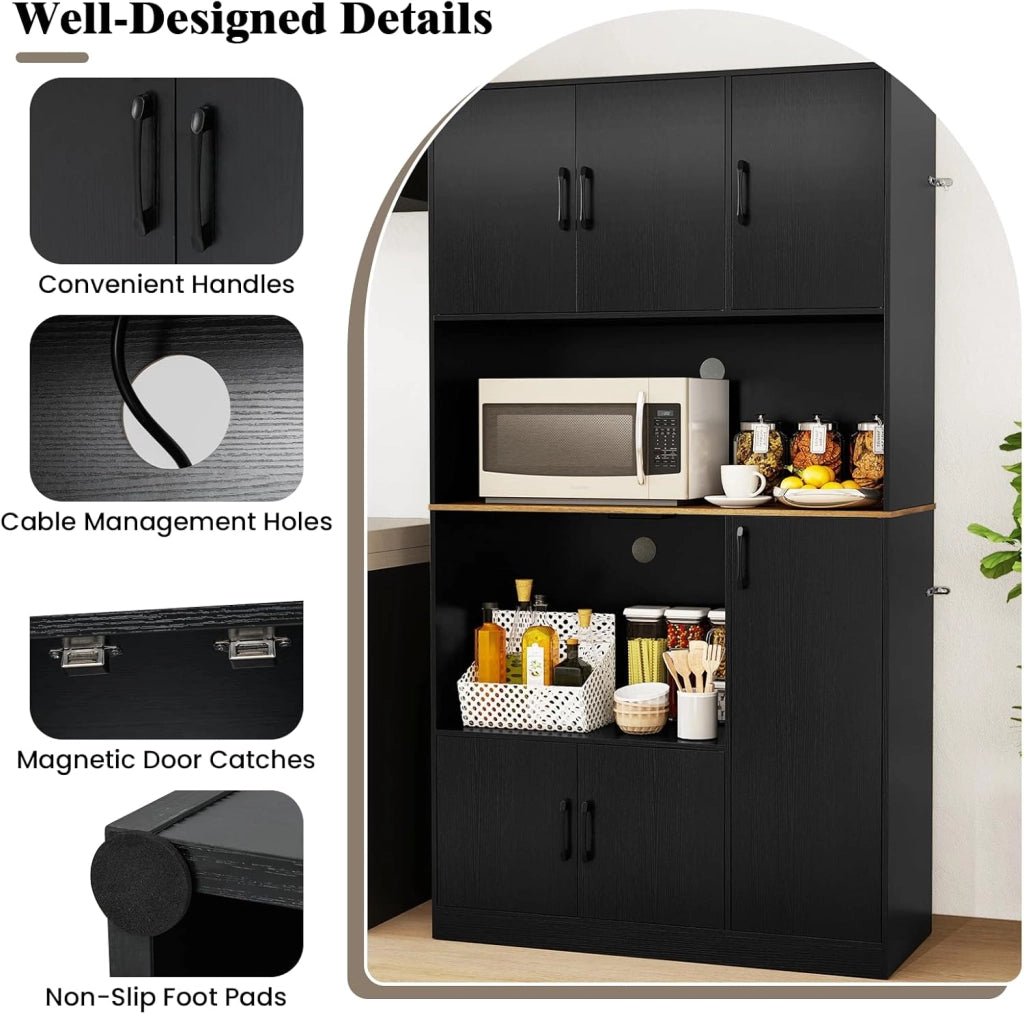 Credenza Alta da Cucina con Stazione di Ricarica, Armadio a Buffet con Ante e Piano di Lavoro, Mobile Dispensa in Legno, per Sala da Pranzo, Soggiorno, Bagno, 100 x 40 x 180 cm (Nero)