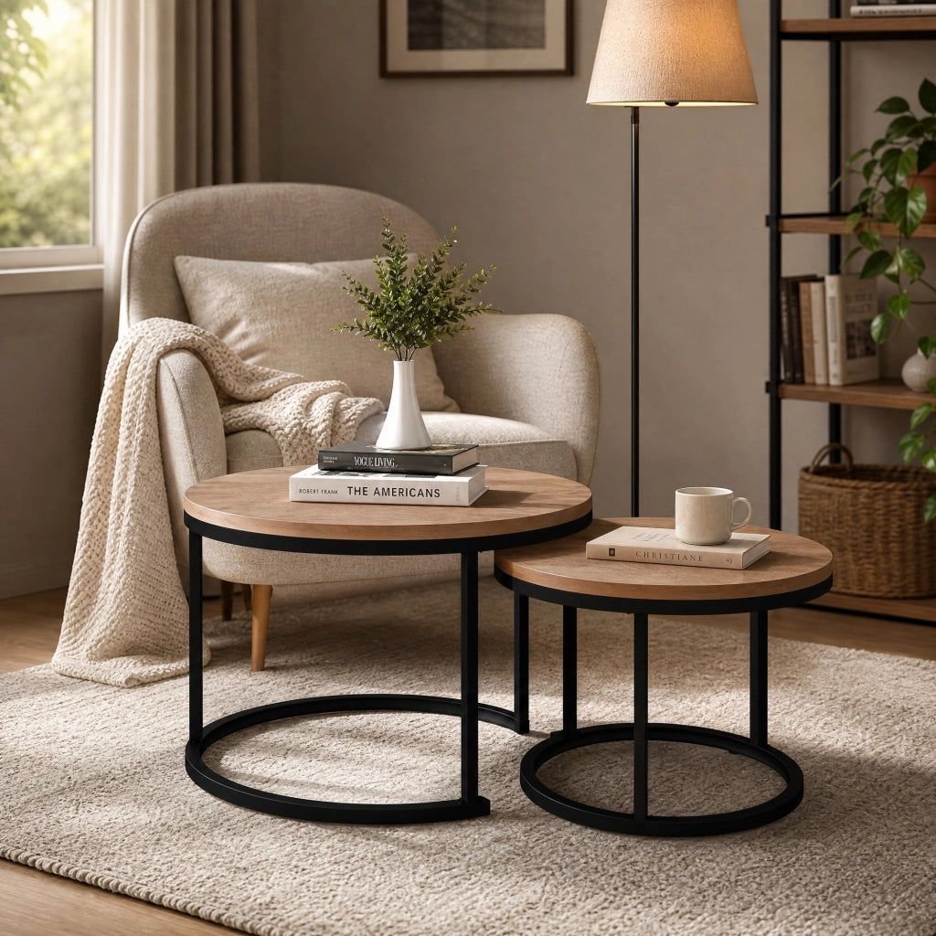 Set 2 tavolini da salotto rotondi impilabili in MDF effetto rovere con struttura in metallo