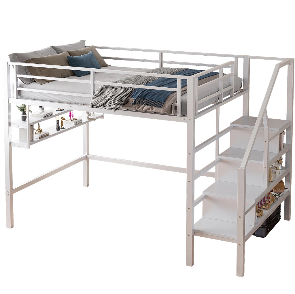 Letto a soppalco 140x200 cm con ripiani e scala contenitore, bianco