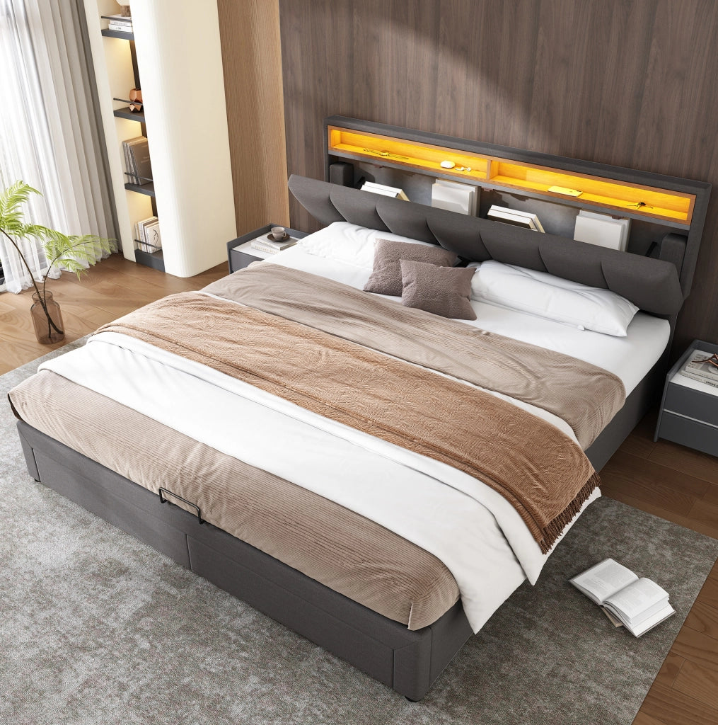 Letto imbottito grigio scuro 160 x 200 cm con LED e vano contenitore