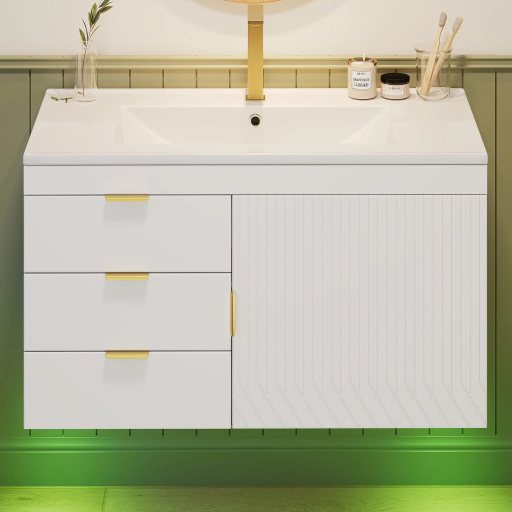 Mobile sottolavabo con LED e lavabo in ceramica, 2 cassetti e vano laterale, per bagno, bianco, 77 × 47 × 51 cm
